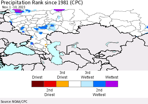 Russian Federation Precipitation Rank since 1981 (CPC) Thematic Map For 11/1/2023 - 11/10/2023