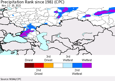 Russian Federation Precipitation Rank since 1981 (CPC) Thematic Map For 11/11/2023 - 11/20/2023