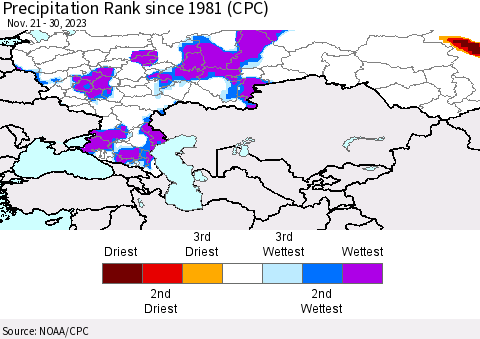 Russian Federation Precipitation Rank since 1981 (CPC) Thematic Map For 11/21/2023 - 11/30/2023