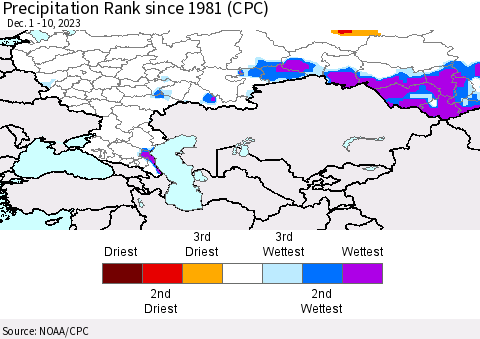 Russian Federation Precipitation Rank since 1981 (CPC) Thematic Map For 12/1/2023 - 12/10/2023