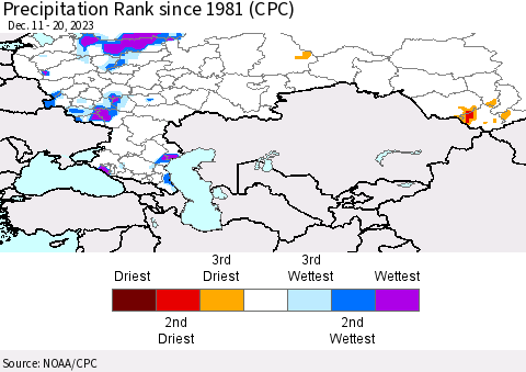 Russian Federation Precipitation Rank since 1981 (CPC) Thematic Map For 12/11/2023 - 12/20/2023