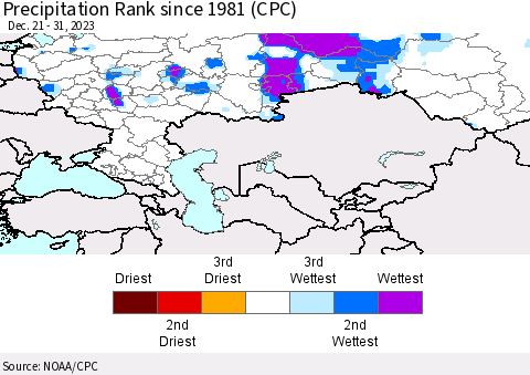 Russian Federation Precipitation Rank since 1981 (CPC) Thematic Map For 12/21/2023 - 12/31/2023