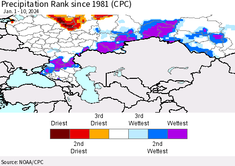 Russian Federation Precipitation Rank since 1981 (CPC) Thematic Map For 1/1/2024 - 1/10/2024