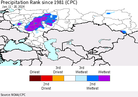 Russian Federation Precipitation Rank since 1981 (CPC) Thematic Map For 1/11/2024 - 1/20/2024