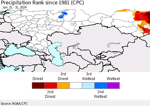 Russian Federation Precipitation Rank since 1981 (CPC) Thematic Map For 1/21/2024 - 1/31/2024