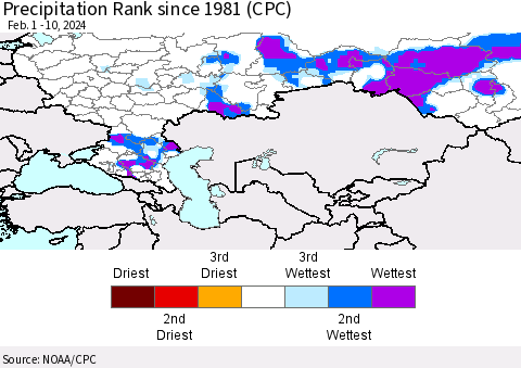 Russian Federation Precipitation Rank since 1981 (CPC) Thematic Map For 2/1/2024 - 2/10/2024