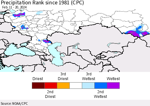 Russian Federation Precipitation Rank since 1981 (CPC) Thematic Map For 2/11/2024 - 2/20/2024