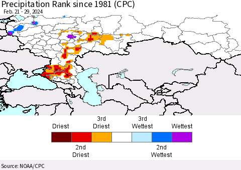 Russian Federation Precipitation Rank since 1981 (CPC) Thematic Map For 2/21/2024 - 2/29/2024