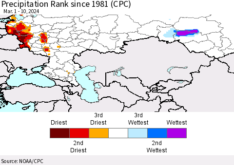 Russian Federation Precipitation Rank since 1981 (CPC) Thematic Map For 3/1/2024 - 3/10/2024