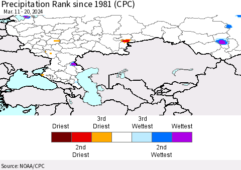 Russian Federation Precipitation Rank since 1981 (CPC) Thematic Map For 3/11/2024 - 3/20/2024
