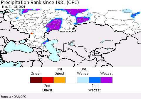 Russian Federation Precipitation Rank since 1981 (CPC) Thematic Map For 3/21/2024 - 3/31/2024