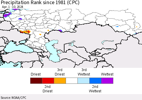 Russian Federation Precipitation Rank since 1981 (CPC) Thematic Map For 4/1/2024 - 4/10/2024