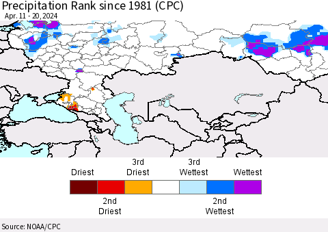 Russian Federation Precipitation Rank since 1981 (CPC) Thematic Map For 4/11/2024 - 4/20/2024