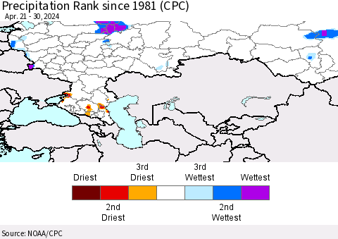 Russian Federation Precipitation Rank since 1981 (CPC) Thematic Map For 4/21/2024 - 4/30/2024