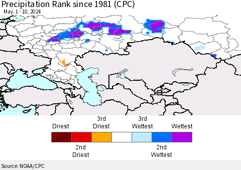 Russian Federation Precipitation Rank since 1981 (CPC) Thematic Map For 5/1/2024 - 5/10/2024