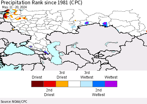 Russian Federation Precipitation Rank since 1981 (CPC) Thematic Map For 5/11/2024 - 5/20/2024