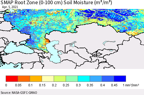 Russian Federation SMAP Root Zone (0-100 cm) Soil Moisture (m³/m³) Thematic Map For 4/1/2021 - 4/5/2021