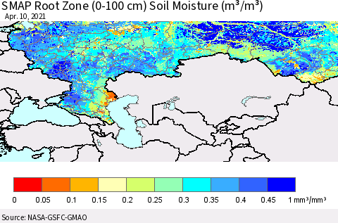 Russian Federation SMAP Root Zone (0-100 cm) Soil Moisture (m³/m³) Thematic Map For 4/6/2021 - 4/10/2021