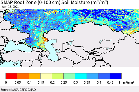Russian Federation SMAP Root Zone (0-100 cm) Soil Moisture (m³/m³) Thematic Map For 4/11/2021 - 4/15/2021