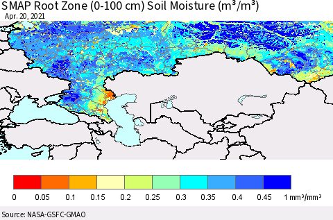 Russian Federation SMAP Root Zone (0-100 cm) Soil Moisture (m³/m³) Thematic Map For 4/16/2021 - 4/20/2021