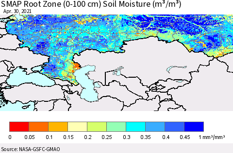 Russian Federation SMAP Root Zone (0-100 cm) Soil Moisture (m³/m³) Thematic Map For 4/26/2021 - 4/30/2021