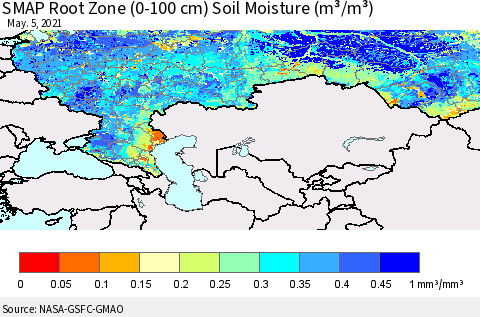 Russian Federation SMAP Root Zone (0-100 cm) Soil Moisture (m³/m³) Thematic Map For 5/1/2021 - 5/5/2021