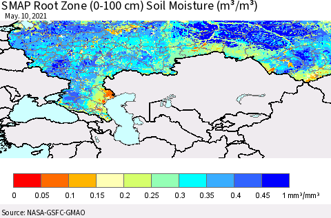 Russian Federation SMAP Root Zone (0-100 cm) Soil Moisture (m³/m³) Thematic Map For 5/6/2021 - 5/10/2021