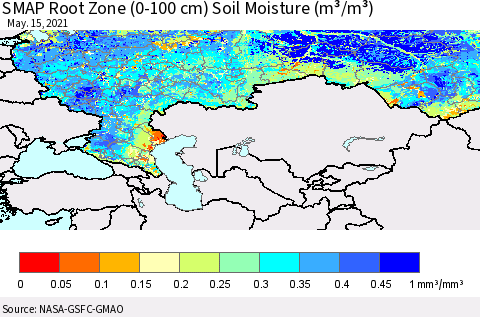 Russian Federation SMAP Root Zone (0-100 cm) Soil Moisture (m³/m³) Thematic Map For 5/11/2021 - 5/15/2021