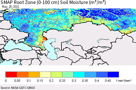 Russian Federation SMAP Root Zone (0-100 cm) Soil Moisture (m³/m³) Thematic Map For 5/16/2021 - 5/20/2021