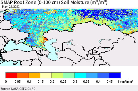 Russian Federation SMAP Root Zone (0-100 cm) Soil Moisture (m³/m³) Thematic Map For 5/21/2021 - 5/25/2021