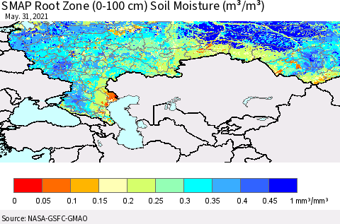 Russian Federation SMAP Root Zone (0-100 cm) Soil Moisture (m³/m³) Thematic Map For 5/26/2021 - 5/31/2021