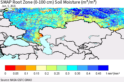 Russian Federation SMAP Root Zone (0-100 cm) Soil Moisture (m³/m³) Thematic Map For 6/1/2021 - 6/5/2021