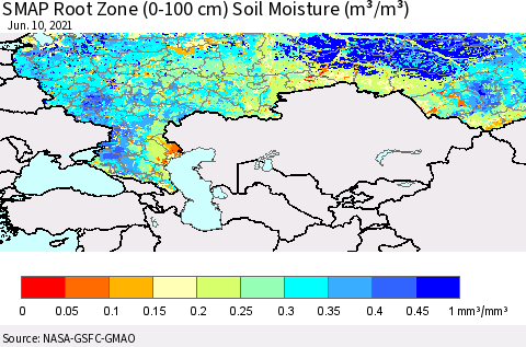 Russian Federation SMAP Root Zone (0-100 cm) Soil Moisture (m³/m³) Thematic Map For 6/6/2021 - 6/10/2021