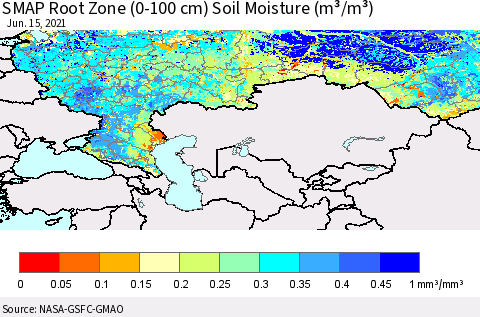 Russian Federation SMAP Root Zone (0-100 cm) Soil Moisture (m³/m³) Thematic Map For 6/11/2021 - 6/15/2021