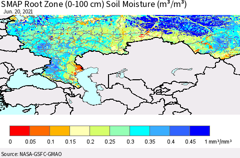 Russian Federation SMAP Root Zone (0-100 cm) Soil Moisture (m³/m³) Thematic Map For 6/16/2021 - 6/20/2021