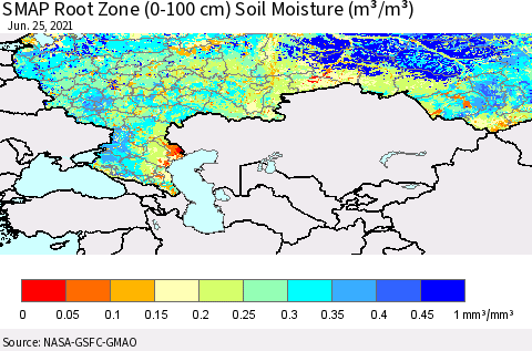 Russian Federation SMAP Root Zone (0-100 cm) Soil Moisture (m³/m³) Thematic Map For 6/21/2021 - 6/25/2021