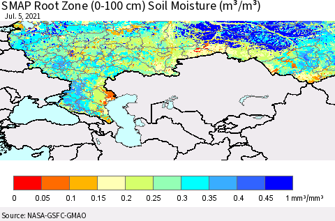 Russian Federation SMAP Root Zone (0-100 cm) Soil Moisture (m³/m³) Thematic Map For 7/1/2021 - 7/5/2021