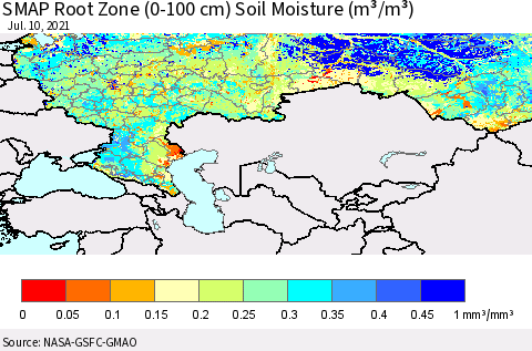Russian Federation SMAP Root Zone (0-100 cm) Soil Moisture (m³/m³) Thematic Map For 7/6/2021 - 7/10/2021