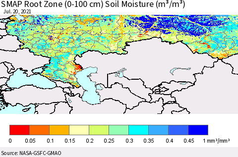 Russian Federation SMAP Root Zone (0-100 cm) Soil Moisture (m³/m³) Thematic Map For 7/16/2021 - 7/20/2021