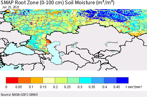 Russian Federation SMAP Root Zone (0-100 cm) Soil Moisture (m³/m³) Thematic Map For 7/21/2021 - 7/25/2021