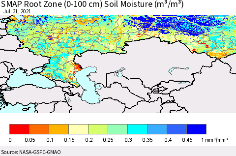 Russian Federation SMAP Root Zone (0-100 cm) Soil Moisture (m³/m³) Thematic Map For 7/26/2021 - 7/31/2021
