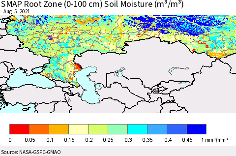 Russian Federation SMAP Root Zone (0-100 cm) Soil Moisture (m³/m³) Thematic Map For 8/1/2021 - 8/5/2021
