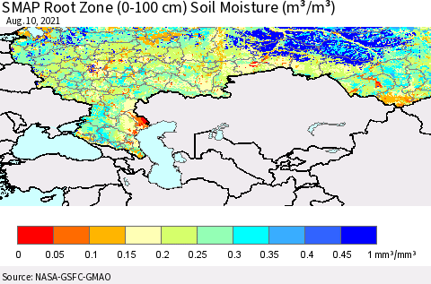 Russian Federation SMAP Root Zone (0-100 cm) Soil Moisture (m³/m³) Thematic Map For 8/6/2021 - 8/10/2021