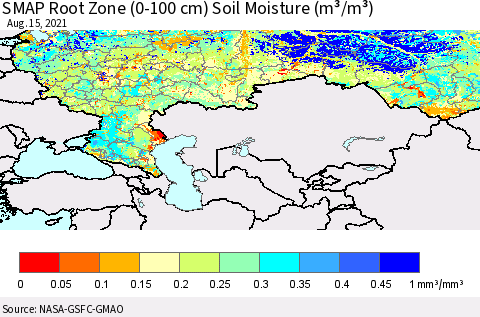 Russian Federation SMAP Root Zone (0-100 cm) Soil Moisture (m³/m³) Thematic Map For 8/11/2021 - 8/15/2021