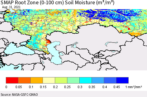 Russian Federation SMAP Root Zone (0-100 cm) Soil Moisture (m³/m³) Thematic Map For 8/26/2021 - 8/31/2021