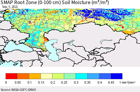 Russian Federation SMAP Root Zone (0-100 cm) Soil Moisture (m³/m³) Thematic Map For 9/1/2021 - 9/5/2021