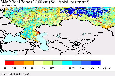 Russian Federation SMAP Root Zone (0-100 cm) Soil Moisture (m³/m³) Thematic Map For 9/6/2021 - 9/10/2021