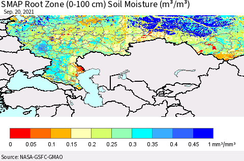 Russian Federation SMAP Root Zone (0-100 cm) Soil Moisture (m³/m³) Thematic Map For 9/16/2021 - 9/20/2021