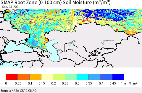 Russian Federation SMAP Root Zone (0-100 cm) Soil Moisture (m³/m³) Thematic Map For 9/21/2021 - 9/25/2021