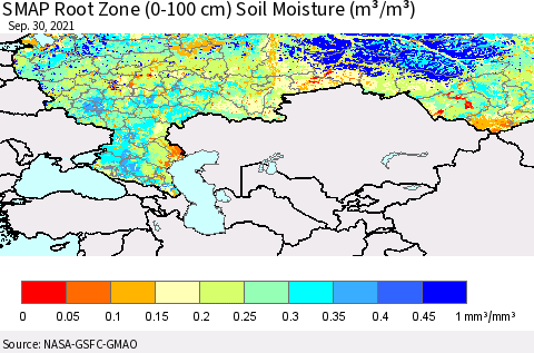 Russian Federation SMAP Root Zone (0-100 cm) Soil Moisture (m³/m³) Thematic Map For 9/26/2021 - 9/30/2021